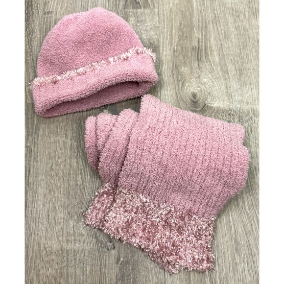 Beanie‎ Scarf Gloves Set Pink Cozy Hat Knit Cap Warm Plush Cottage Coastal Chic - Picture 1 of 6